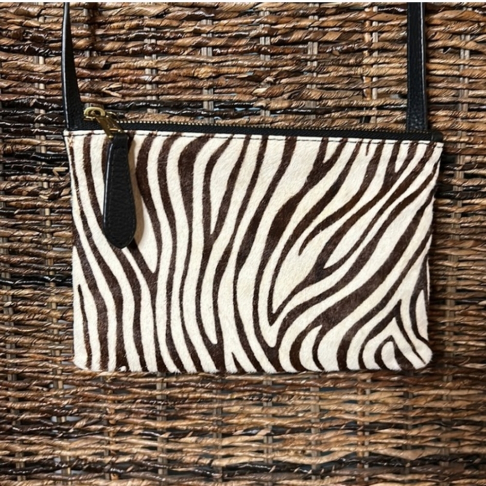 Zebra Print Calf Hair & Leather Crossbody Clutch - Deep Brown and White